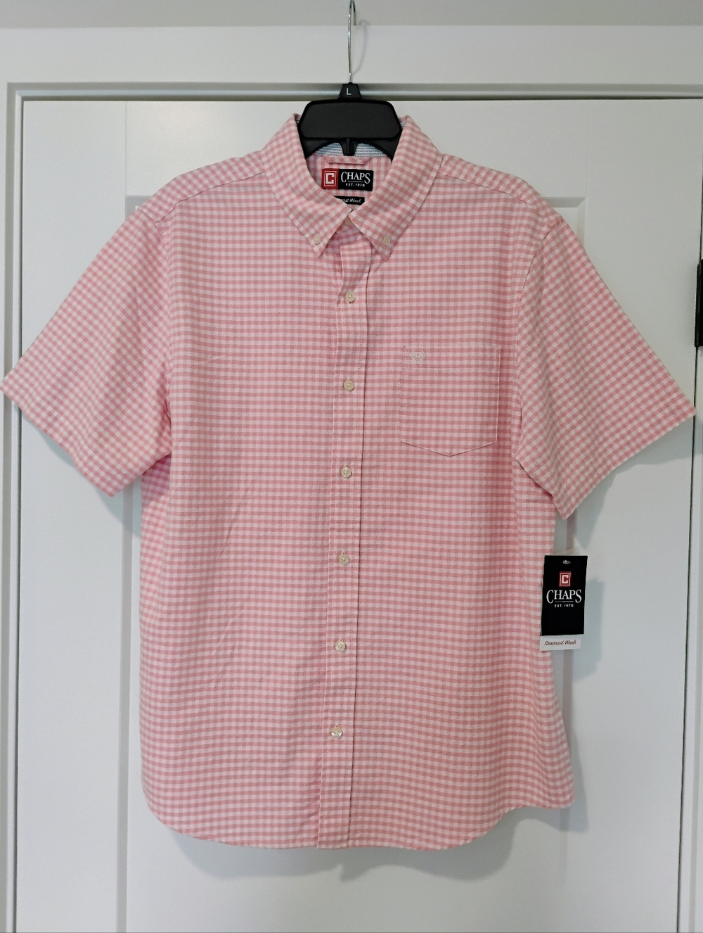 NWT L Chaps Ralph Lauren Pink And White Check Seacoast Wash Short Sleeve Shirt
